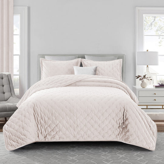 Crushed Velvet Bedspread Set Luxury Quilted 3 Piece Comforter