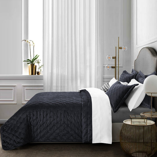 Crushed Velvet Bedspread Set Luxury Quilted 3 Piece Comforter