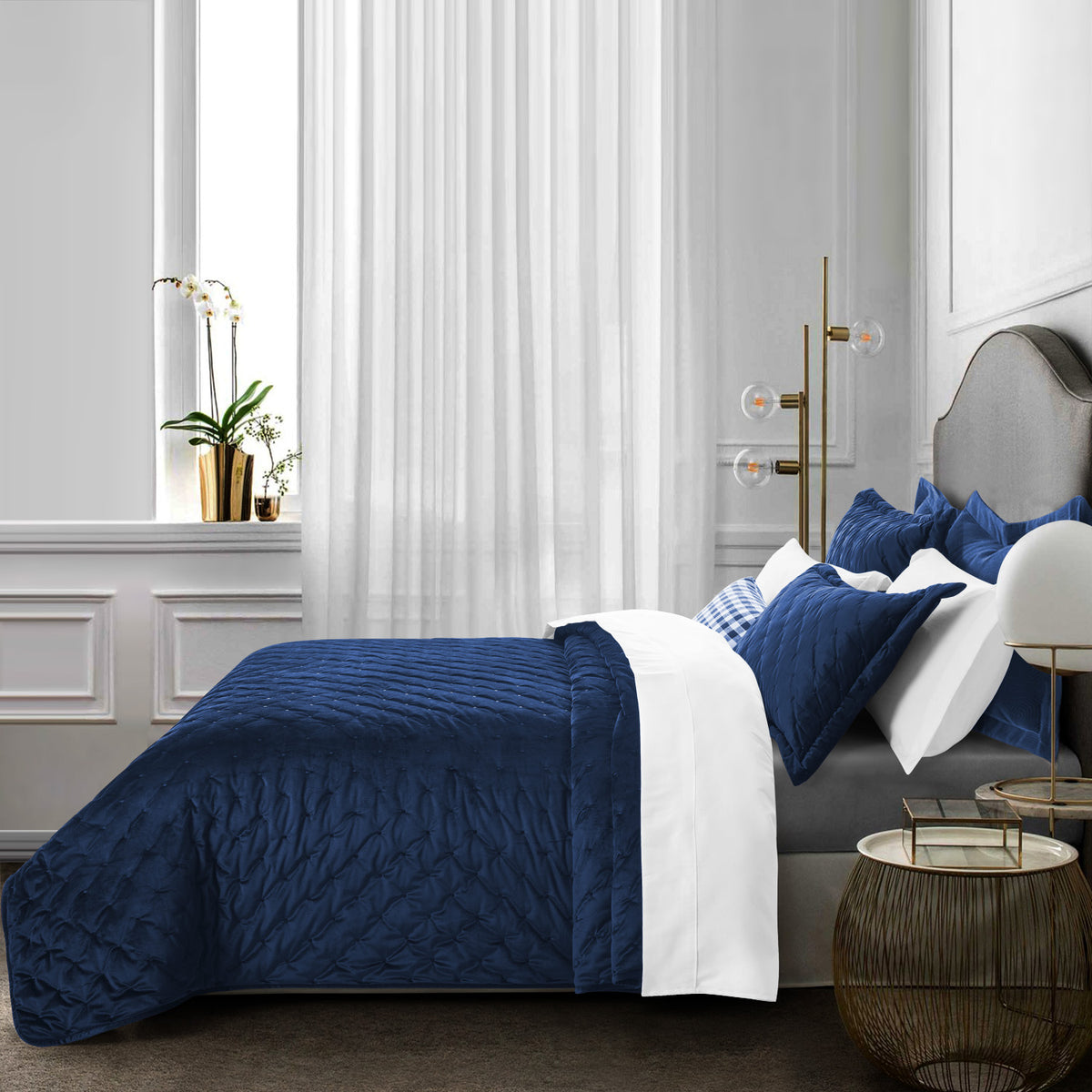 Crushed Velvet Bedspread Set Luxury Quilted 3 Piece Comforter BedBasics